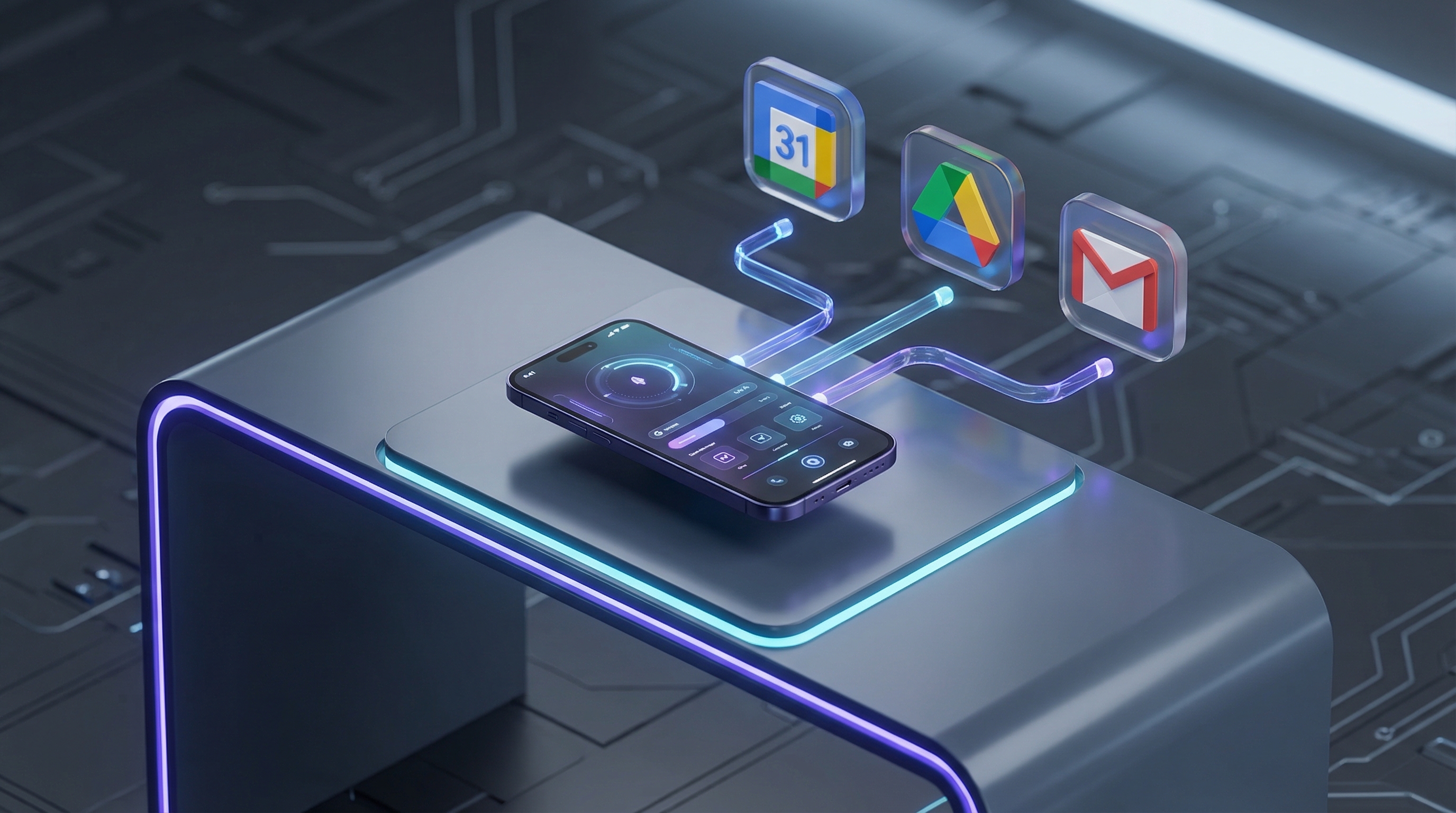 Smartphone connected to Google Calendar, Drive, and Gmail