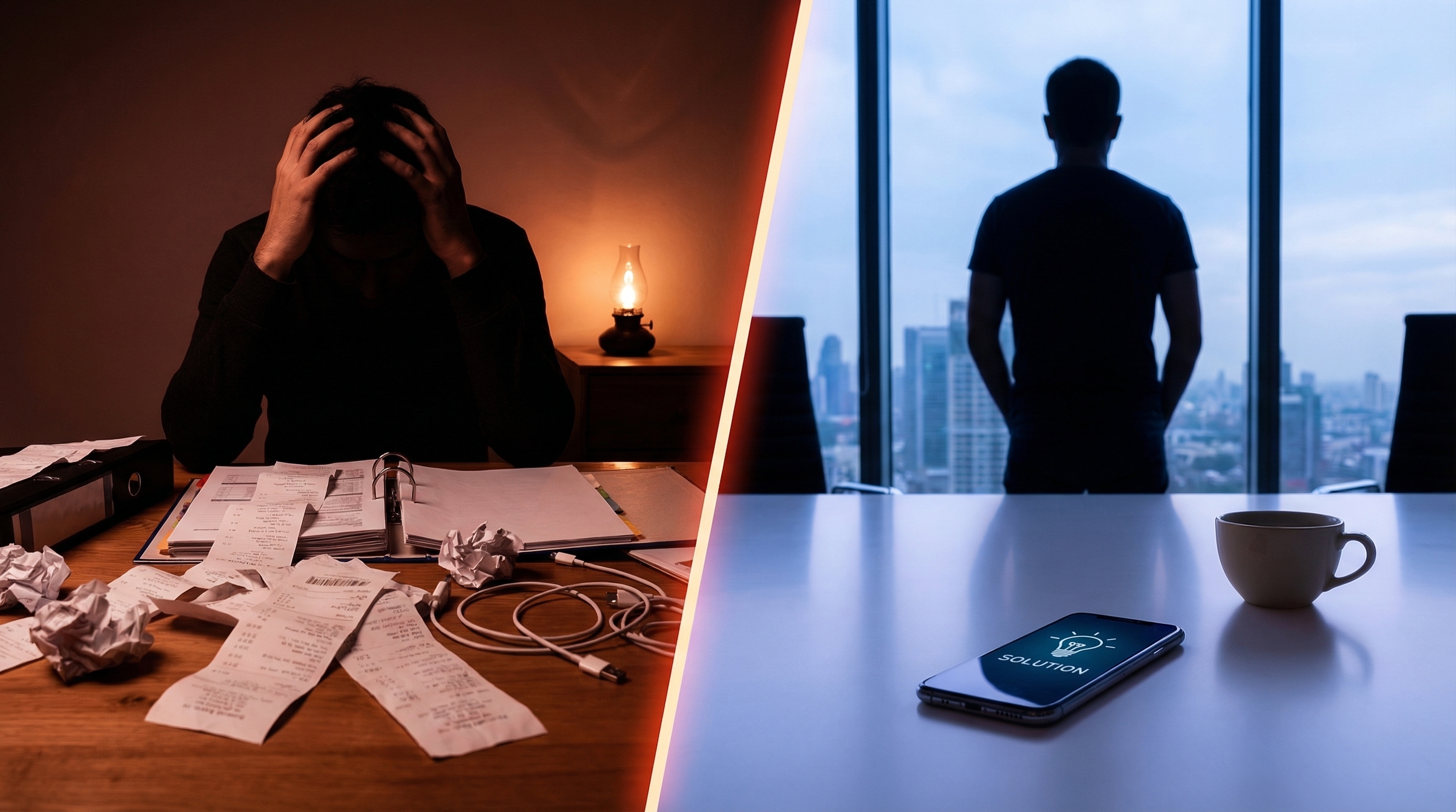 Before: stressed with paperwork. After: clean desk with AI assistant